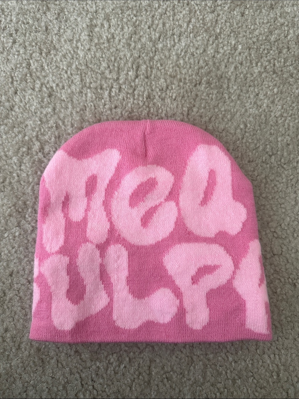 Pink Patterned Knit Beanie Hat - Brand Unspecified